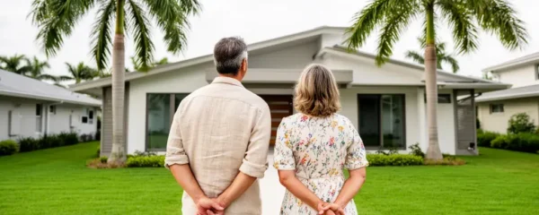 Couple français découvrant une maison typique de Floride avec palmiers lors d'une visite immobilière