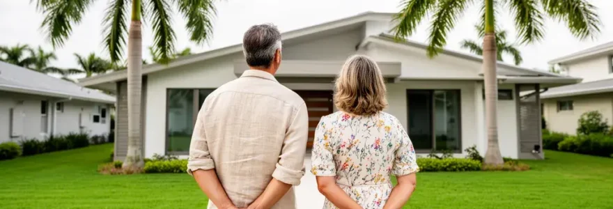 Couple français découvrant une maison typique de Floride avec palmiers lors d'une visite immobilière