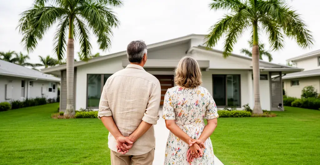 Couple français découvrant une maison typique de Floride avec palmiers lors d'une visite immobilière