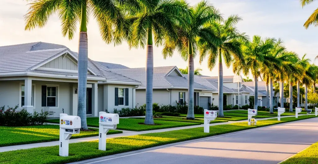 Quartier résidentiel typique de Floride avec maisons modernes et végétation tropicale pour investissement locatif