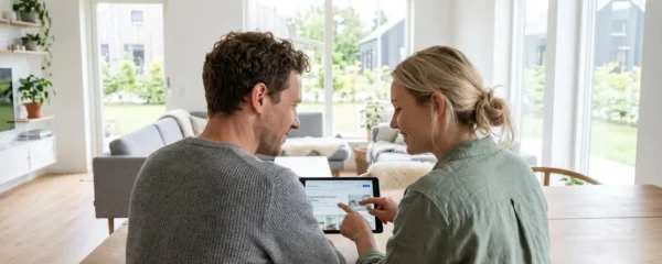 Un couple vu de dos consulte ensemble une tablette dans un salon lumineux aux tons clairs