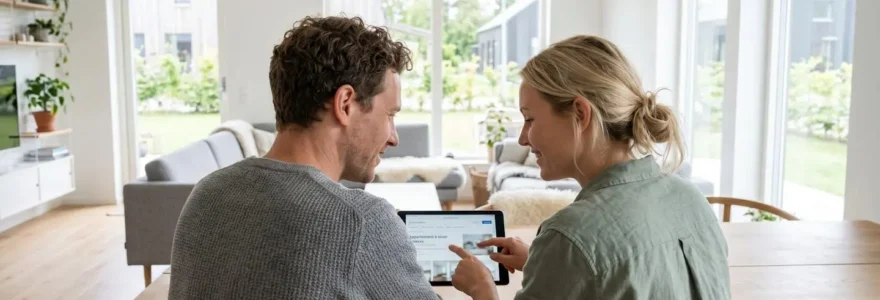 Un couple vu de dos consulte ensemble une tablette dans un salon lumineux aux tons clairs