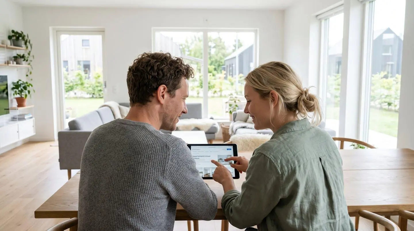 Un couple vu de dos consulte ensemble une tablette dans un salon lumineux aux tons clairs