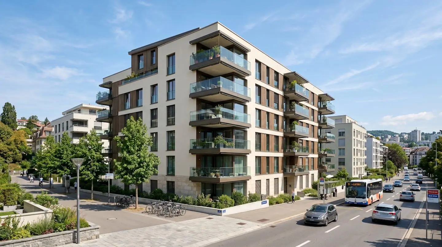 Vue extérieure d'un immeuble résidentiel moderne en Suisse romande avec façade claire et balcons, sous un ciel bleu