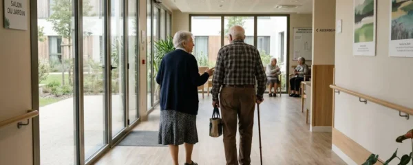 Deux personnes marchent côte à côte dans le couloir lumineux d