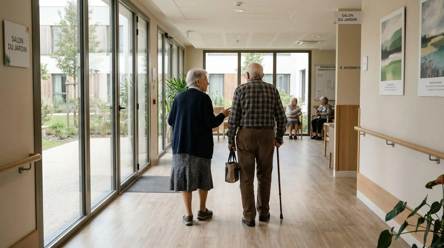 Deux personnes marchent côte à côte dans le couloir lumineux d