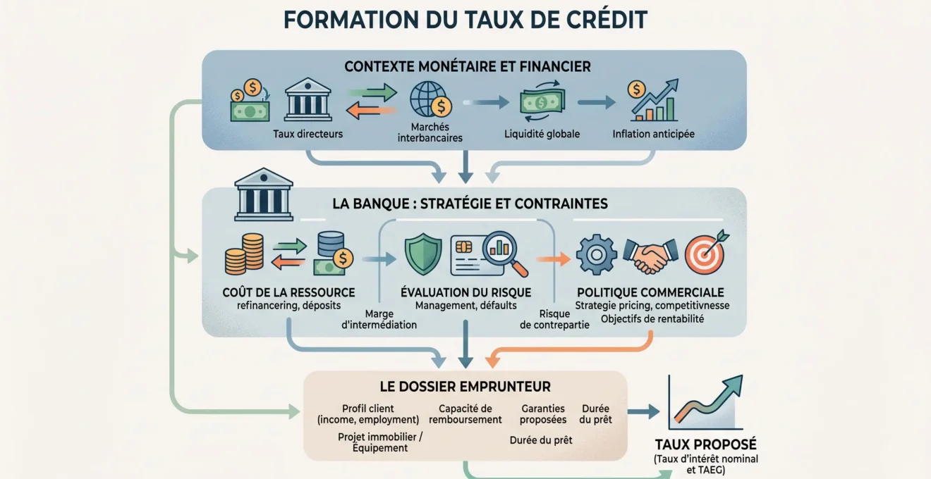 Schéma expliquant les facteurs qui influencent le taux d'un crédit immobilier